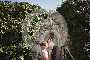 Luxury wedding couple hugging and kissing on the background gorgeous plants, cave near ancient castle