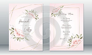 Luxury wedding invitation card template elegant of pink background with golden frame and rose bouquet