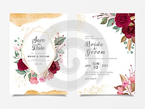 Luxury wedding invitation card template set with geometric floral frame and gold glitter decoration. Red roses flowers background