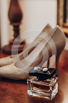 Luxury wedding morning preparation with bride shoes perfume and