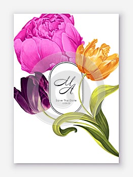 Luxury Wedding Save the Date Invitation with realistic tulip and peony flowers.