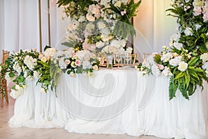 Luxury wedding table decoration. Special event table set up. Fresh flower decoration