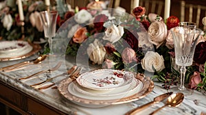 luxury wedding tableware, elegant wedding setting with rose gold cutlery and fine china on marble table, creating a