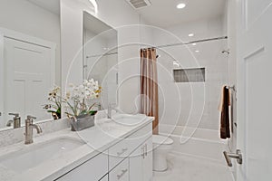 Luxury white bathroom interior with double vanity cabinet