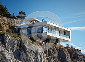 Luxury white beach house with sea or ocean view swimming pool. Modern high tech cottage on the mountain above the cliff