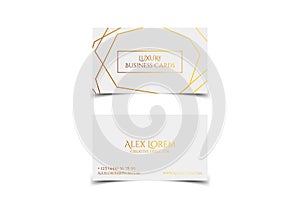 Luxury white business card with marble texture and gold detail vector template, banner or invitation with golden foil on