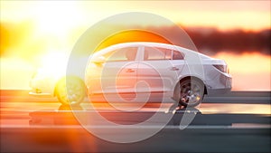 Luxury white car on highway, road. Very fast driving. Wonderfull sunset. Travel and motivation concept. 3d rendering.