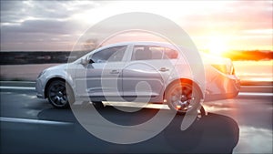 Luxury white car on highway, road. Very fast driving. Wonderfull sunset. Travel and motivation concept. 3d rendering.