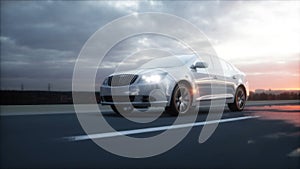 Luxury white car on highway, road. Very fast driving. Wonderfull sunset. Travel and motivation concept. 3d rendering.