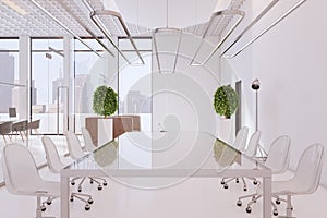 Luxury white concrete glass office interior with window and city view, daylight, coworking and meeting areas, decorative plants.