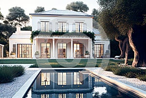 Luxury white house with swimming pool and a beautiful garden