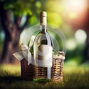 Luxury white house wine bottle and vintage picnic basket in the sunny countryside background, blank empty lable for