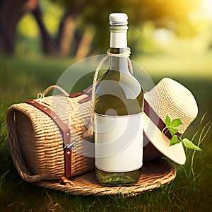 Luxury white house wine bottle and vintage picnic basket in the sunny countryside background, blank empty lable for