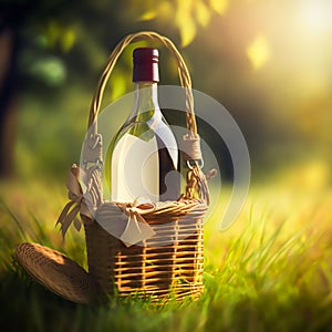 Luxury white house wine bottle and vintage picnic basket in the sunny countryside background, blank empty lable for
