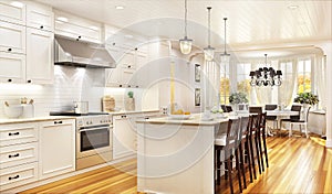 Luxury white kitchen and dining room in a large beautiful house