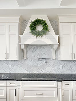 Luxury white kitchen marble herringbone backsplash