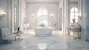 Luxury white marble bathroom with bath
