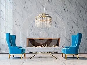 Luxury white marble mock-up wall with expensive blue armchairs, glass chandelier and modern built-in fireplace, living room