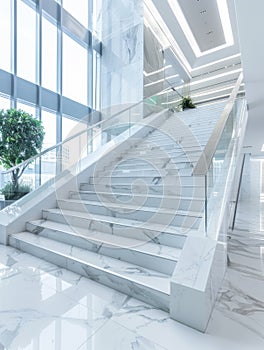 Luxury white marble stairway in modern building interior.