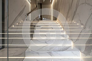 Luxury white marble stairway in modern office building interior.