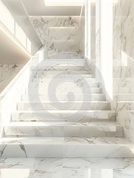 Luxury white marble stairway in modern office building interior.