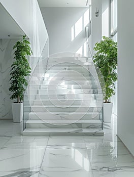 Luxury white marble stairway in modern office building interior.