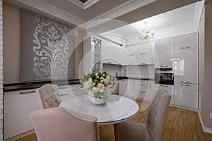 Luxury white modern kitchen with rose walls in studio apartment