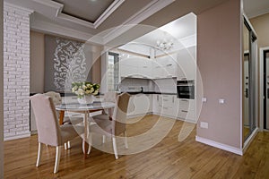 Luxury white modern kitchen with rose walls in studio apartment