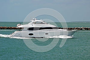 Luxury White Motor Yacht Returning to Port of Miami