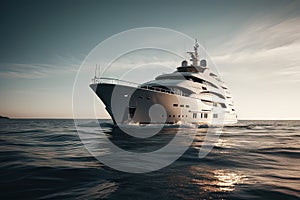 Luxury White Superyacht Sailing on the Open Sea. Perfect for Travel Brochures and Posters.