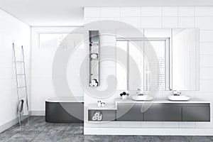 Luxury white tile bathroom interior, double sink