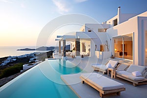 Luxury white villa with pool and view of Mediterranean Sea at sunset