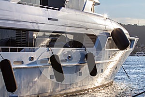 Luxury, white yacht moored in harbor