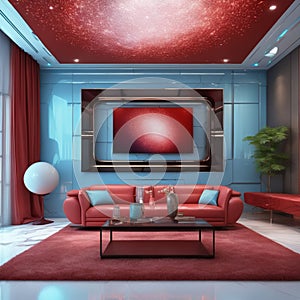 luxury wide and big living room, Luxury contemporary future style ,red room