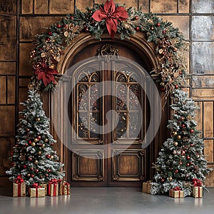 Luxury Wooden Arch Door Christmas Backdrop photo