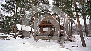 Luxury wooden building house cottage at winter