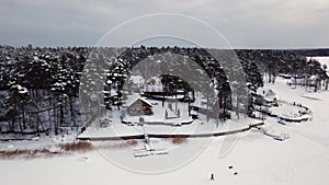 Luxury wooden building house cottage at winter aerial