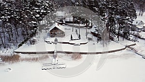 Luxury wooden building house cottage at winter aerial