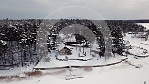 Luxury wooden building house cottage at winter aerial