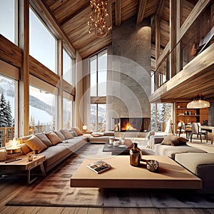 Luxury wooden chalet with fireplace. Interior design of modern living room with mountain view. Created with generative AI