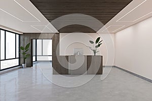 Luxury wooden and concrete office lobby interior with window and city view. Waiting area and hotel concept.