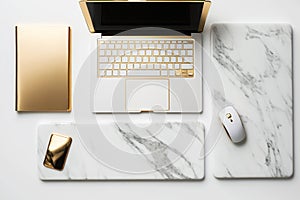 Luxury Workplace with golden accessories and sophisticated glamourous laptop. Top view flat lay. Generative AI