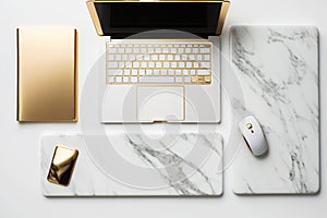 Luxury Workplace with golden accessories and sophisticated glamourous laptop. Top view flat lay. Generative AI photo