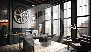 Luxury workspace office with industrial loft modern interior design. Generative AI