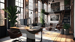 Luxury workspace office with industrial loft modern interior design. Generative AI