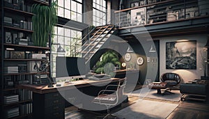 Luxury workspace office with industrial loft modern interior design. Generative AI