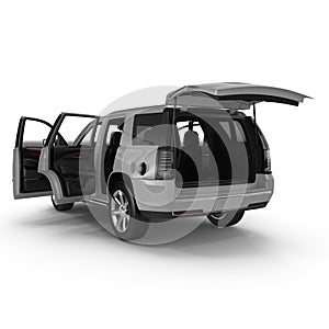 Luxury 4x4 suv car isolated on white. Doors opened. 3D illustration