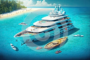 luxury yacht anchored among sunbathers and swimmers in tropical waters