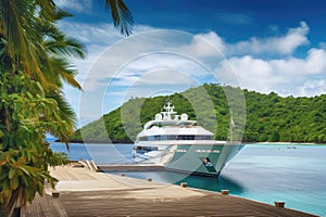 luxury yacht docked at luxury resort with views of the surrounding tropical scenery