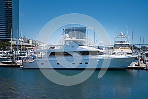 Luxury yacht docked at the marina